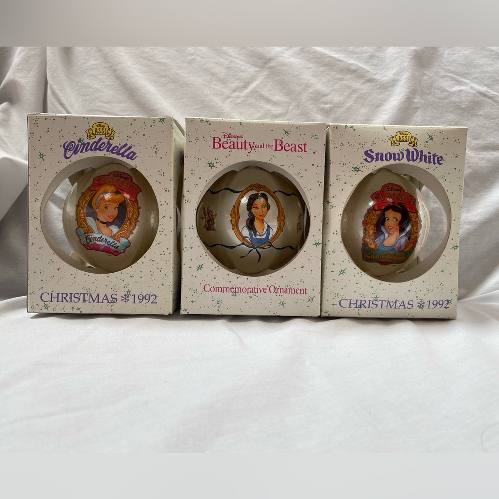3 NIB Vintage Schmid Disney Princess Ornaments Cinderella, Belle and Snow White